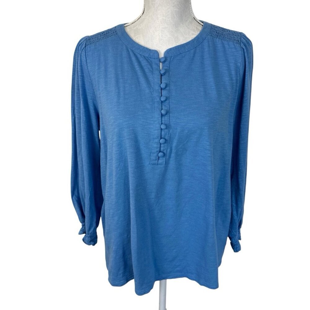 J. Jill Women's M Popover Textured Button‎ Tee Shirt Blue
